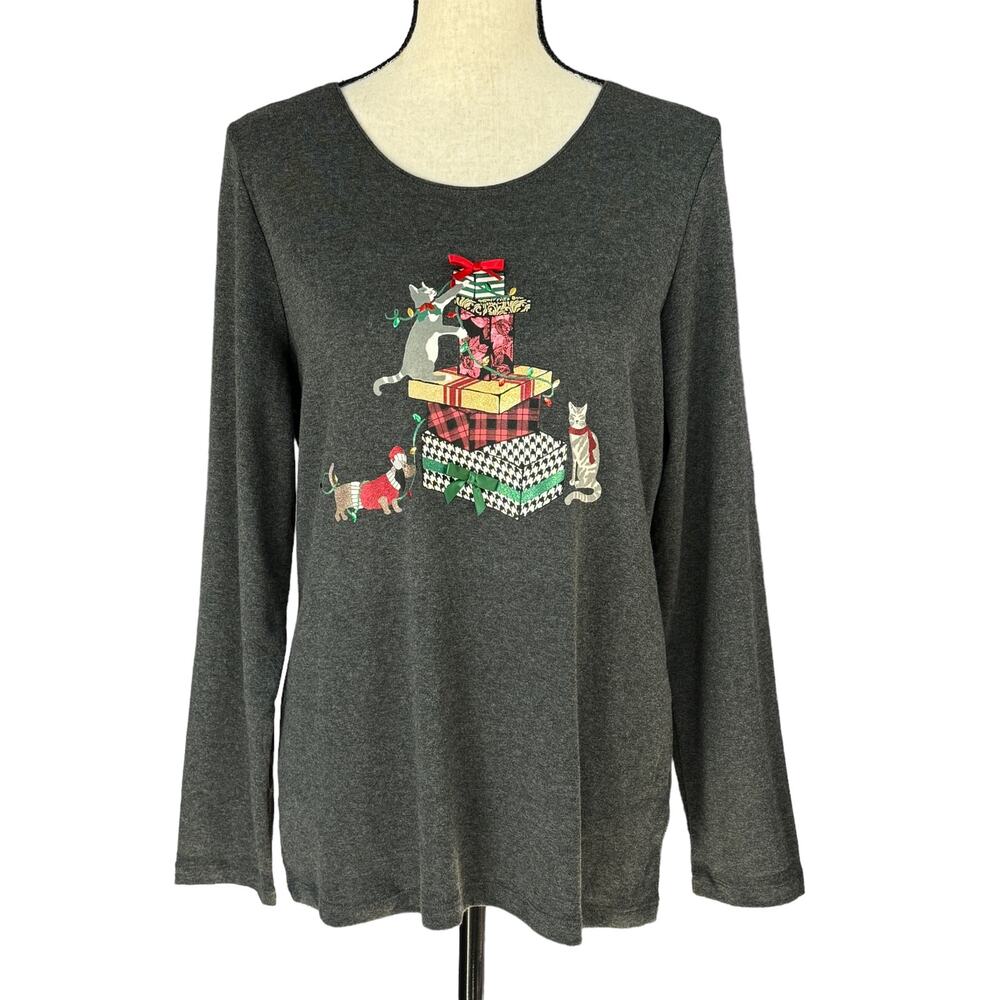 Karen Scott Large Top Holiday Cats Gifts Festive Christmas Long Sleeve Stretch